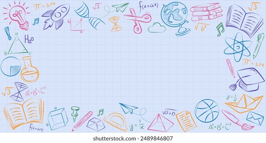 Doodles education. Hand drawn vector pattern background back to school with icon symbols. Doodle of foreign language education course for home online training study. EPS10.