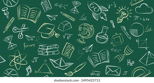 Doodles education. Hand drawn vector pattern background back to school with icon symbols. Doodle of foreign language education course for home online training study. EPS10.