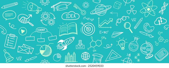 Doodles education. Hand drawn vector pattern background back to school with icon symbols. Doodle of foreign language education course for home online training study. EPS10.