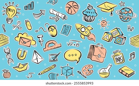 Doodles education. Hand drawn vector pattern background back to school with icon symbols. Doodle of foreign language education course for home online 