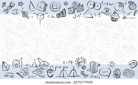 Doodles education. Hand drawn vector pattern background back to school with icon symbols. Doodle of foreign language education course for home online training study. EPS10.