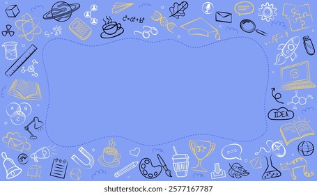 Doodles education. Hand drawn vector pattern background back to school with icon symbols. Doodle of foreign language education course for home online training study. Vector, Flat design, illustration,