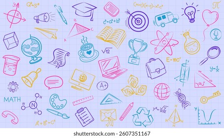 Doodles education. Hand drawn vector pattern background back to school with icon symbols. Doodle of foreign language education course for home online training study. EPS10.
