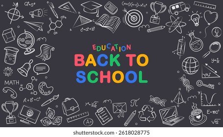 Doodles education. Hand drawn vector pattern background back to school with icon symbols. Doodle of foreign language education course for home online training study. EPS10.