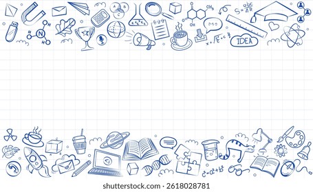 Doodles education. Hand drawn vector pattern background back to school with icon symbols. Doodle of foreign language education course for home online training study. EPS10.