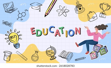 Doodles education. Hand drawn vector pattern background back to school with icon symbols. Doodle of foreign language education course for home online training study. EPS10.