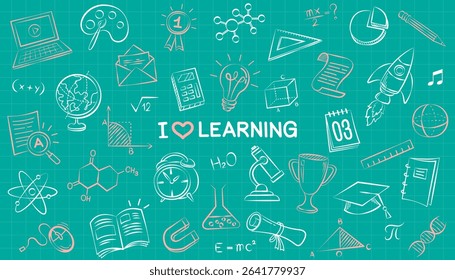 Doodles education. Hand drawn vector pattern background back to school with icon symbols. Doodle of foreign language education course for home online training study. EPS10.