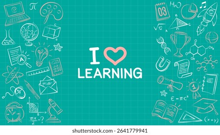 Doodles education. Hand drawn vector pattern background back to school with icon symbols. Doodle of foreign language education course for home online training study. EPS10.