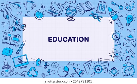 Doodles education. Hand drawn vector pattern background back to school with icon symbols. Doodle of foreign language education course for home online training study. EPS10.