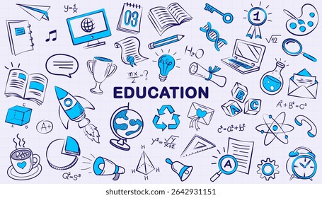Doodles education. Hand drawn vector pattern background back to school with icon symbols. Doodle of foreign language education course for home online training study. EPS10.
