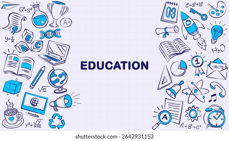 Doodles education. Hand drawn vector pattern background back to school with icon symbols. Doodle of foreign language education course for home online training study. EPS10.