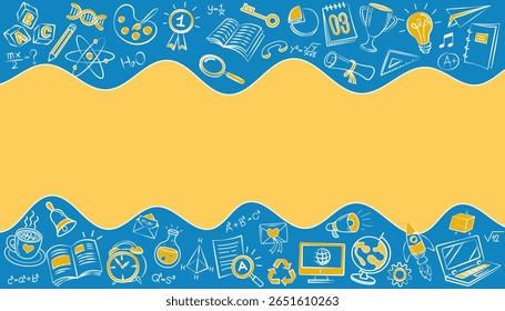Doodles education. Hand drawn vector pattern background back to school with icon symbols. Doodle of foreign language education course for home online training study. EPS10.