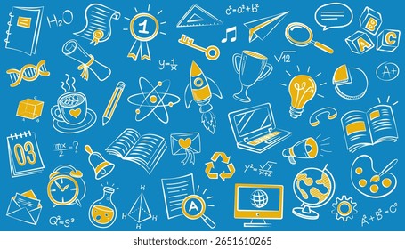 Doodles education. Hand drawn vector pattern background back to school with icon symbols. Doodle of foreign language education course for home online training study. EPS10.