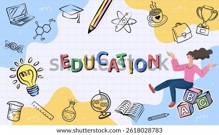 Doodles education. Hand drawn vector pattern background back to school with icon symbols. Doodle of foreign language education course for home online training study. EPS10.