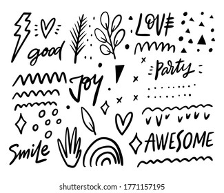 Doodles elements set and lettering phrases. Black color vector illustration. Line art. Isolated on white background.