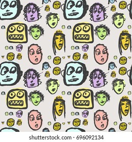 Doodles faces seamless pattern. Vector illustration. Sketchy cartoon characters.
