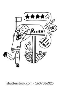 Doodles Feedback Review Send Customer Happy Man Posting Five Stars Black and White Line Illustration Rate Us Opinion