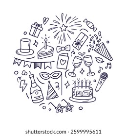 Doodles of festive elements: cake, gifts, glasses, champagne, balloons, fireworks, masks, music, and decorations. Hand-drawn vector illustration isolated on a white background.