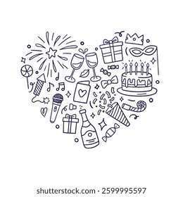Doodles of festive elements in heart shape. Perfect for parties, celebrations, and special events design. Hand-drawn vector illustration isolated on a white background.
