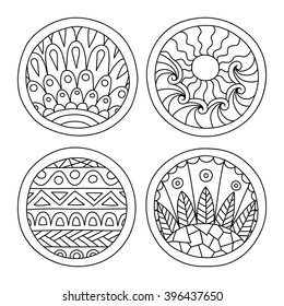 Doodles filled circles set. Hand drawn isolated graphic elements. Boho and ethnic style mandala. Coloring page. Decorative art for birthday cards, wedding and baby shower invitations, scrapbooking etc
