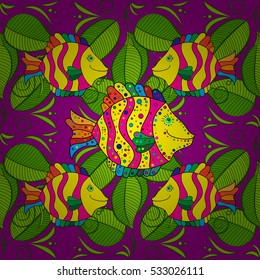 Doodles fish on pink background with green leaves. Vector illustration.