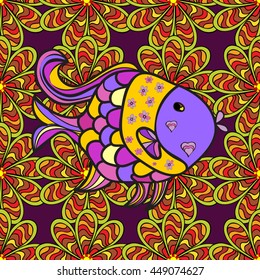 Doodles fish on red flowers background. Vector illustration.