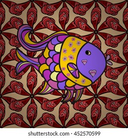 Doodles fish on red flowers background. Vector illustration.