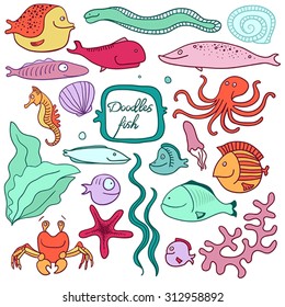 Doodles fishes. Vector drawing. 