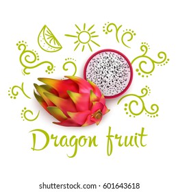 Doodles with flourishes citrus slices and typographic lettering around 3d dragon fruit on white background vector illustration 