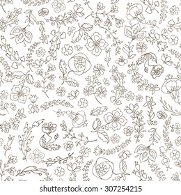 Doodles flowers and branches  seamless pattern.Linear Hand drawing background for greeting cards, Easter,birthday,wedding invitation ,wallpaper,wrap.Retro vector illustration