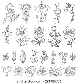 Doodles flowers and buds .Isolated .Linear silhouette on white for greeting cards, Easter,birthday,wedding invitation ,pattern,scrapbooking.Hand drawing decor elements.Retro vector illustration