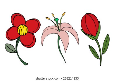 Doodles Flowers collection. Vector illustration, Isolated on white