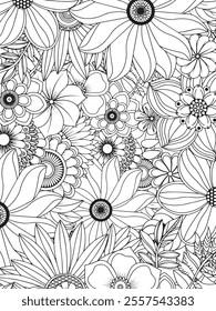 Doodles Flowers Coloring Pages . Adult Flower Coloring Page Floral Zentangle. Stress Free Relaxation Meditation Line Art.Vector illustration