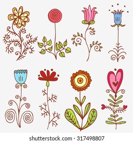 Doodles flowers. Decor elements. Set for hand sketched logo.Design templates,invitations,logo. For wedding,Valentines day,holidays,birthday,easter,mothers day. Vector. Isolated.