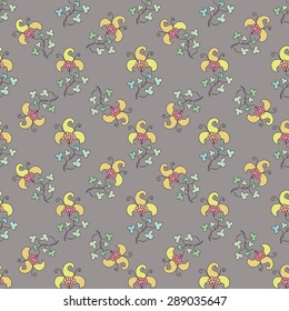Doodles flowers simple seamless pattern. Pastel colors background. Hand drawing decor elements for fabric, backdrop, wrap, wallpaper. Retro vector illustration