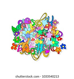 Doodles with flowers and swirl, notes and letters on a white background. Separate Doodle elements for drawing. You can pick and design on their own.