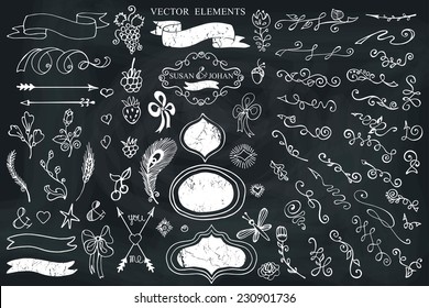 Doodles flowers,border,budges,arrows,ribbons,decor set for hand sketched logo on Chalkboard.Easy to make design templates,invitations,logo. For wedding,Valentine day,holidays,Easter,birthday.Vector