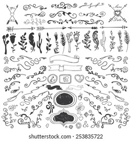 Doodles flowers,border,budges,arrows,ribbons,decor set for hand sketched logo.Easy to make design templates,invitations,logo,card. For wedding,Valentine day,holidays,Easter,birthday.Vector