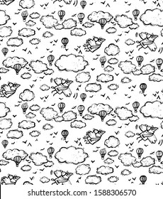 Doodles fly bird sky clouds black and white seamless pattern