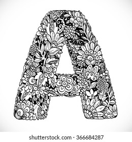 Doodles font from ornamental flowers - letter A. Black and white