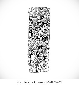 Doodles font from ornamental flowers - letter I. Black and white
