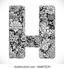 Doodles font from ornamental flowers - letter H. Black and white