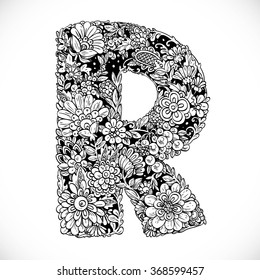 Doodles font from ornamental flowers - letter R. Black and white