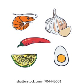 Doodles food icons, spices, boiled egg halve, garlic, shrimp and chili, isolated vector illustration. 