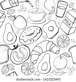  Doodles Food. Seamless pattern hand drawn sketch.