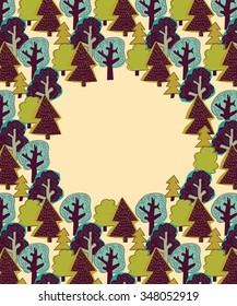 Doodles forest color border frame. Frame with wild nature landscape and doodles trees border. Empty place for text. Color vector illustration. EPS8