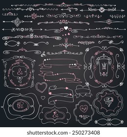Doodles frame,border,arrow,ribbons,hearts,love decor elements set.For design template,invitation,card.Hand drawing style.For weddings,Valentine day,holidays,Easter,birthday.Vector Chalkboard