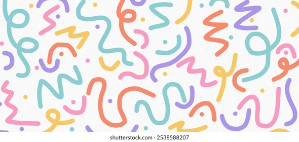 doodles: Fun colorful line doodle seamless pattern. Creative minimalist style art background for children, trendy design with basic shapes.