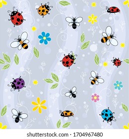 Doodles, funny insects seamless pattern. Ladybugs, flies and bees.