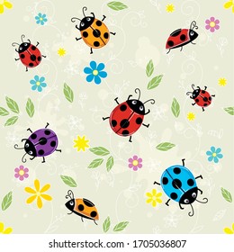 Doodles, funny insects seamless pattern. Ladybugs cute with floral curls and patterns